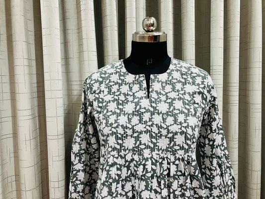Grey Floral Printed Short Kurti Set