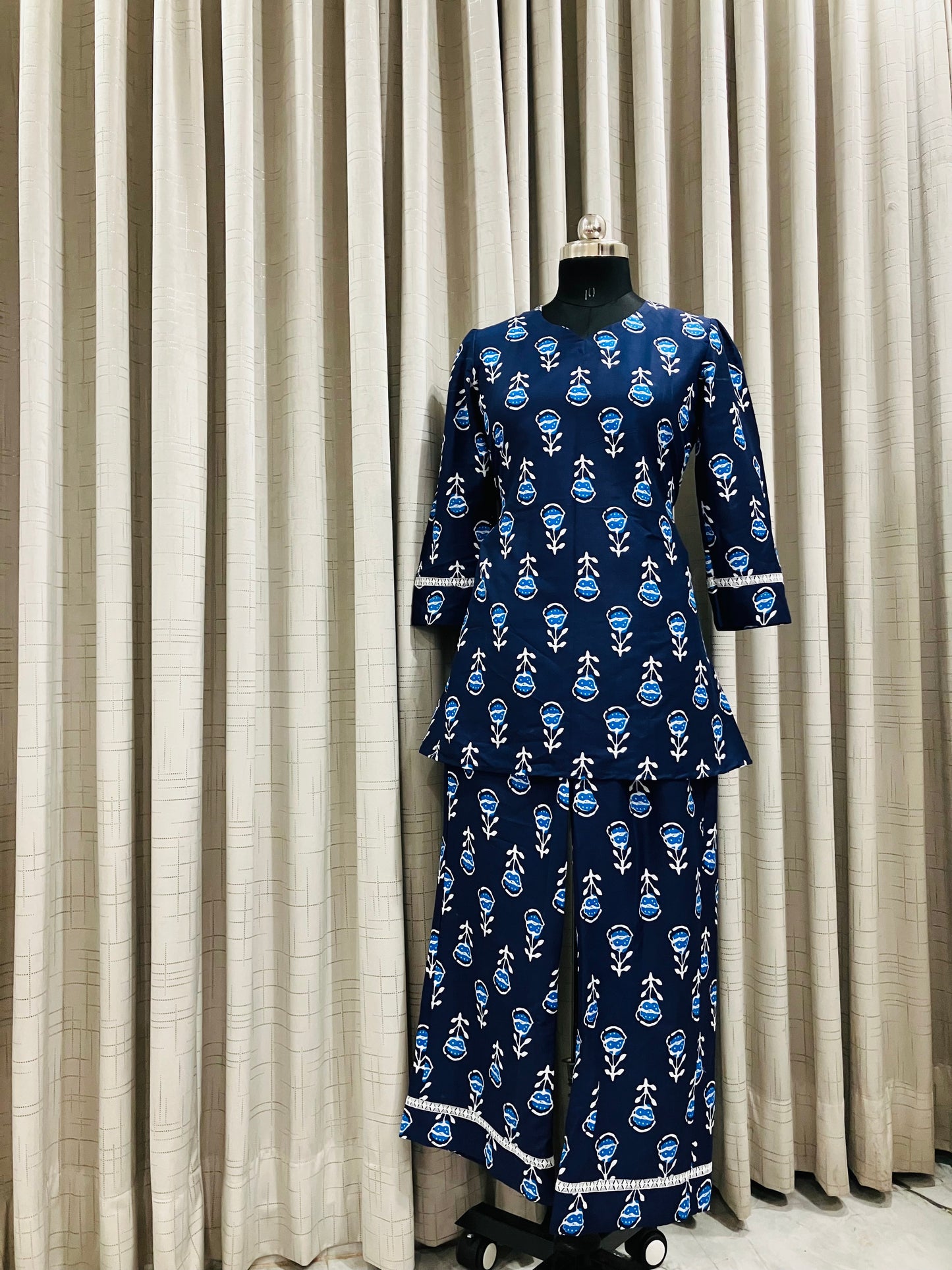 Navy Blue Floral Printed Peplum Kurti Set