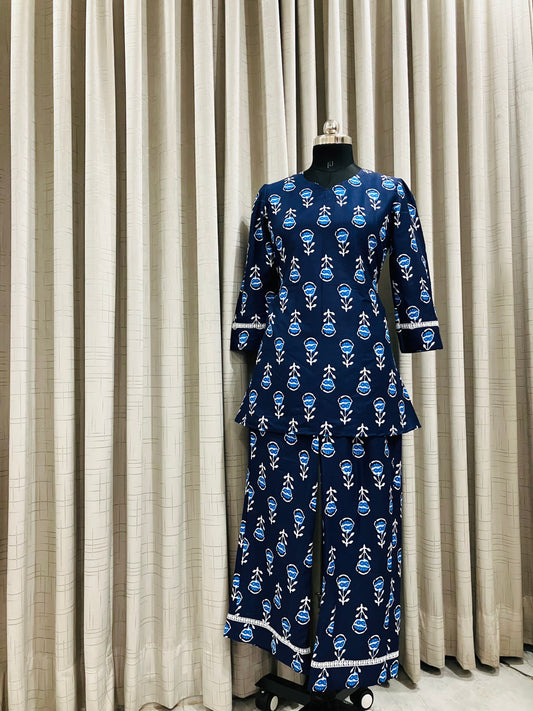 Navy Blue Floral Printed Peplum Kurti Set