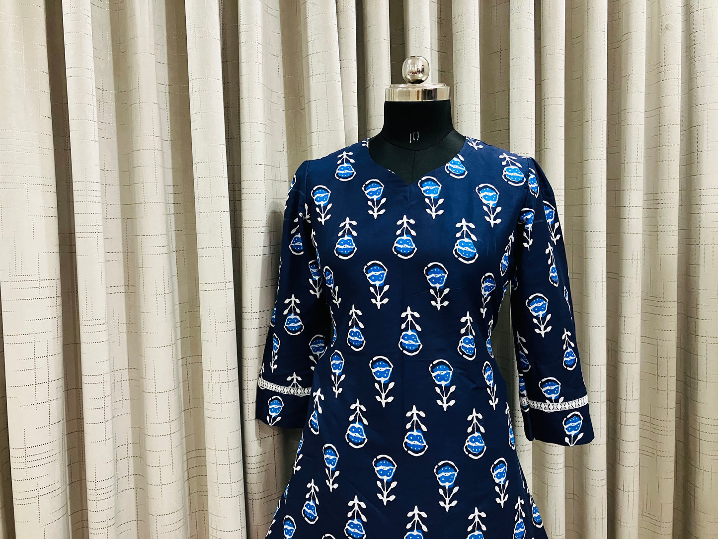 Navy Blue Floral Printed Peplum Kurti Set