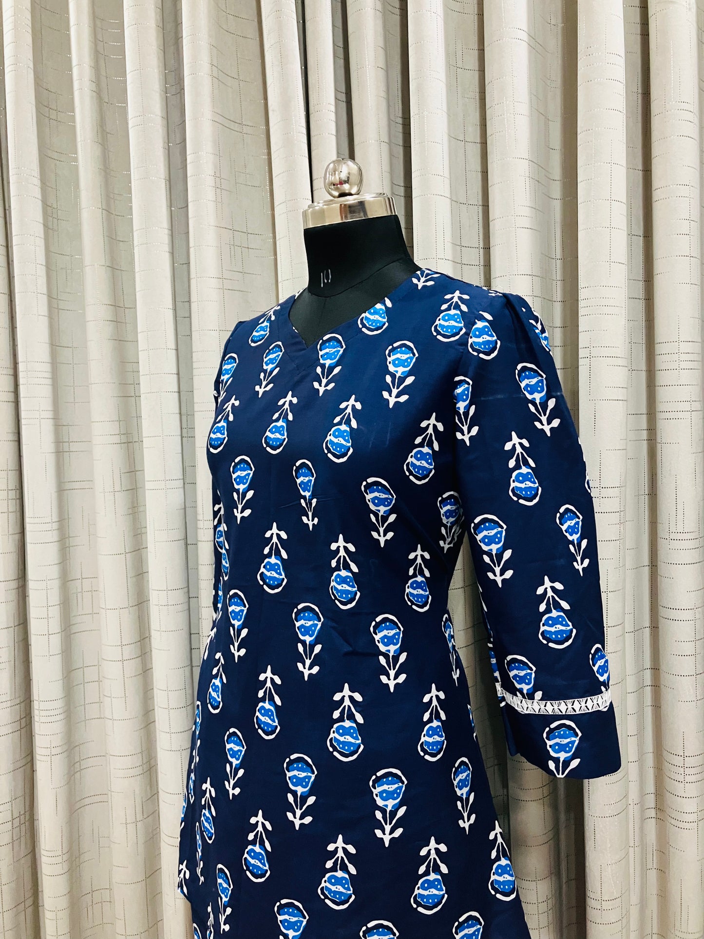Navy Blue Floral Printed Peplum Kurti Set