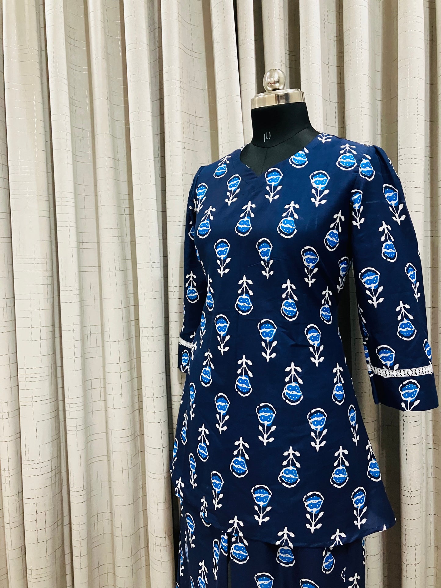 Navy Blue Floral Printed Peplum Kurti Set