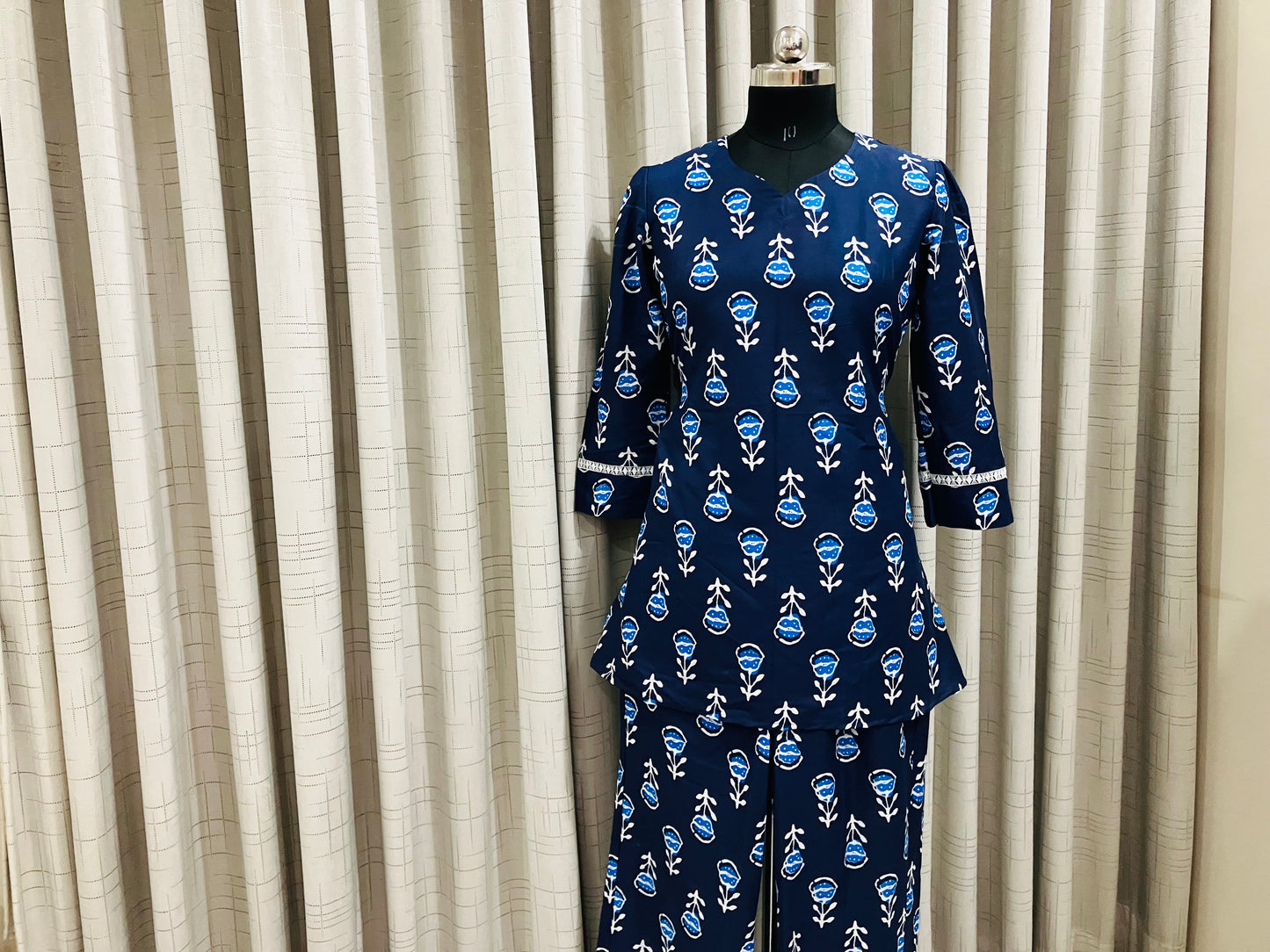 Navy Blue Floral Printed Peplum Kurti Set