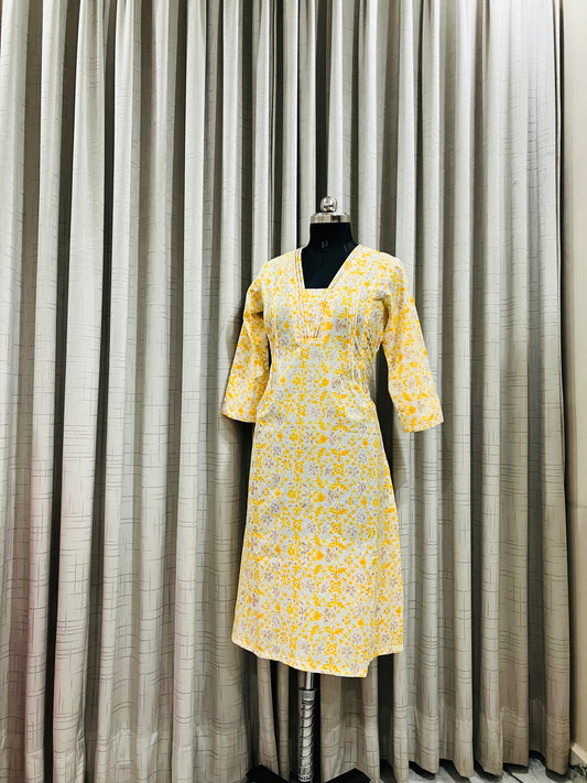 Sunlit Yellow Floral Long Straight Kurti