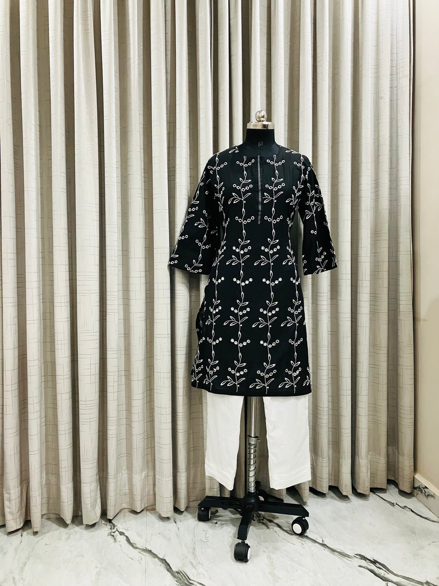 Black & White Embroidered Kurti Set