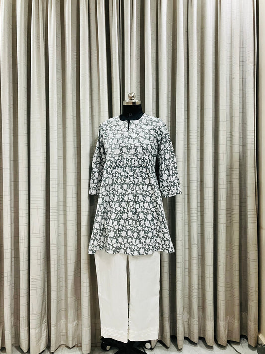 Grey Floral Printed Short Kurti Set